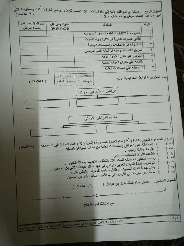 بالصور نموذج وكالة اختبار تربية اجتماعية نهائي للصف الخامس الفصل الاول 2017